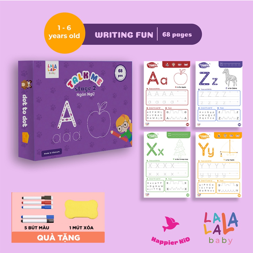 Sách luyện viết, học tiếng Anh Write Me Lalala Baby, bôi xóa được, học liệu giáo dục sớm, tặng kèm 5 bút + cục bôi