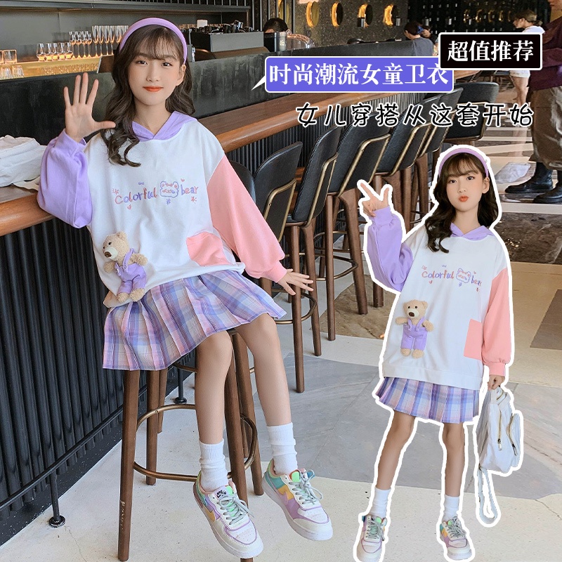 Bộ Áo Hoodie + Chân Váy Kẻ Sọc Ca Rô Màu Sắc Thời Trang Cho Bé Gái 4 5 6 7 8 9 10 11 12 13 14 Tuổi