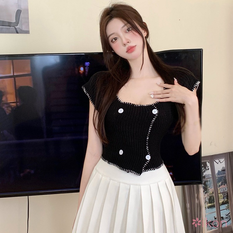 Áo Croptop Dệt Kim Tay Ngắn Thiết Kế Dây Đan Lưng Phong Cách Hàn Quốc