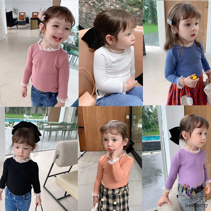 Áo thun tay dài cổ viền bèo phối ren xinh xắn phong cách Hàn Quốc cho bé gái