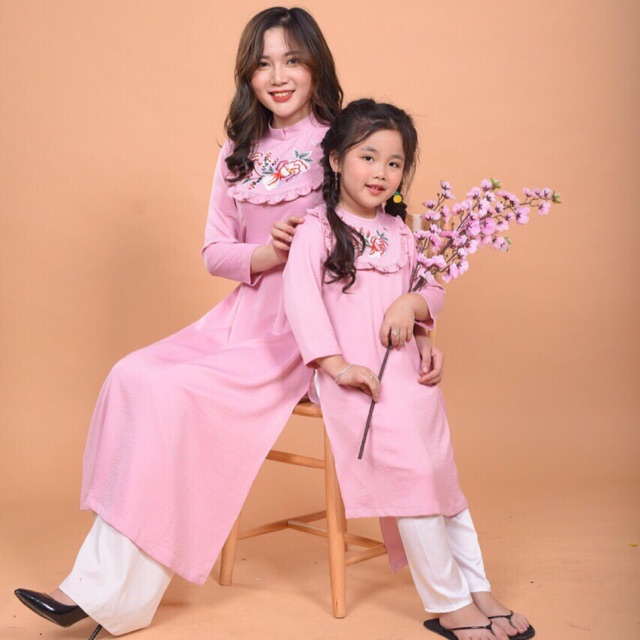 ÁO DÀI MẸ BÉ GÁI❤️❤️KIỂU DÁNG CÔ BA SÀI GÒN HỒNG BÈO NGỰC XINH XỨN-ẢNH THẬT 100%