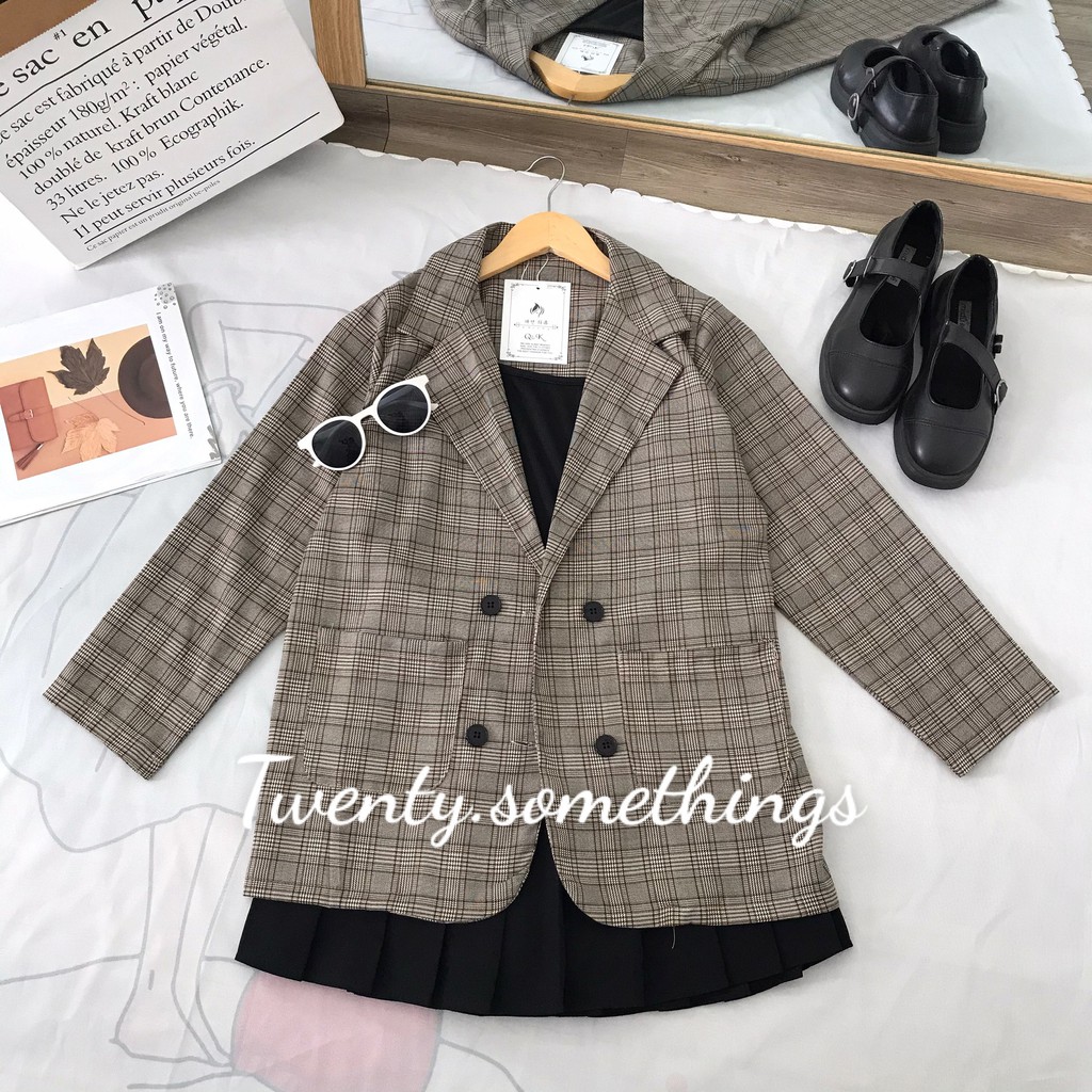 ÁO BLAZER KẺ NÂU VÀNG 1 LỚP (ảnh thật/sẵn/video) | BigBuy360 - bigbuy360.vn