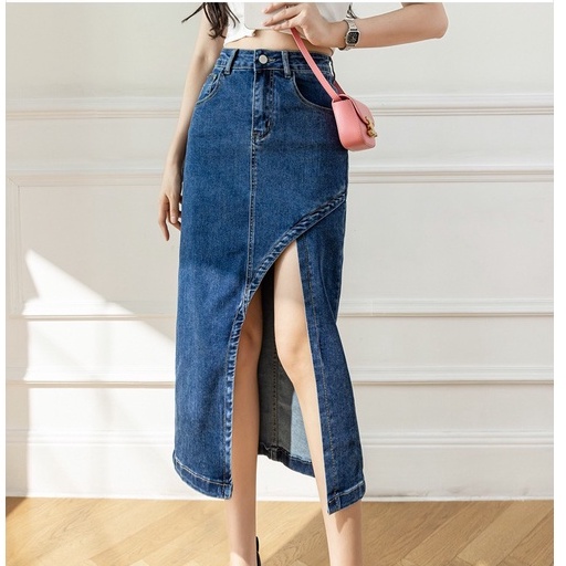 Chân váy nữ jean/ kaki cạp cao, chân váy midi dài qua gối phong cách_a19