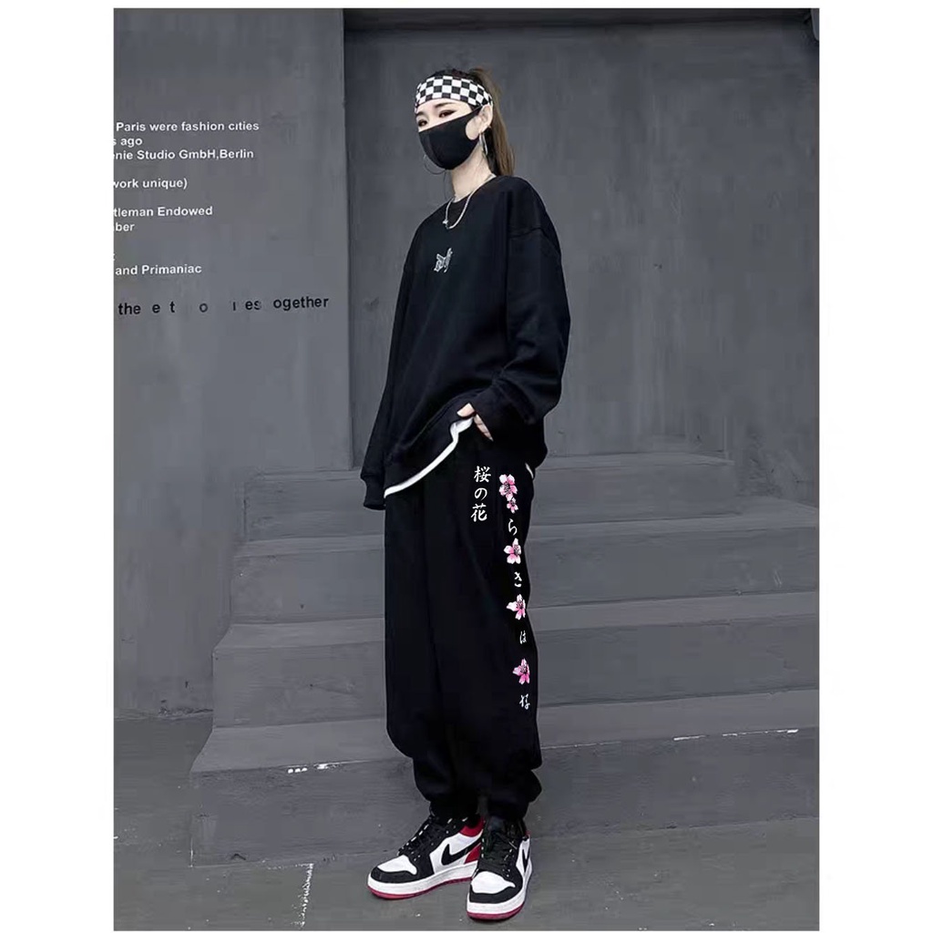 Quần nỉ jogger nam nữ ống rộng họa tiết hoa anh đào BÓ CHUN basic track pants unisex