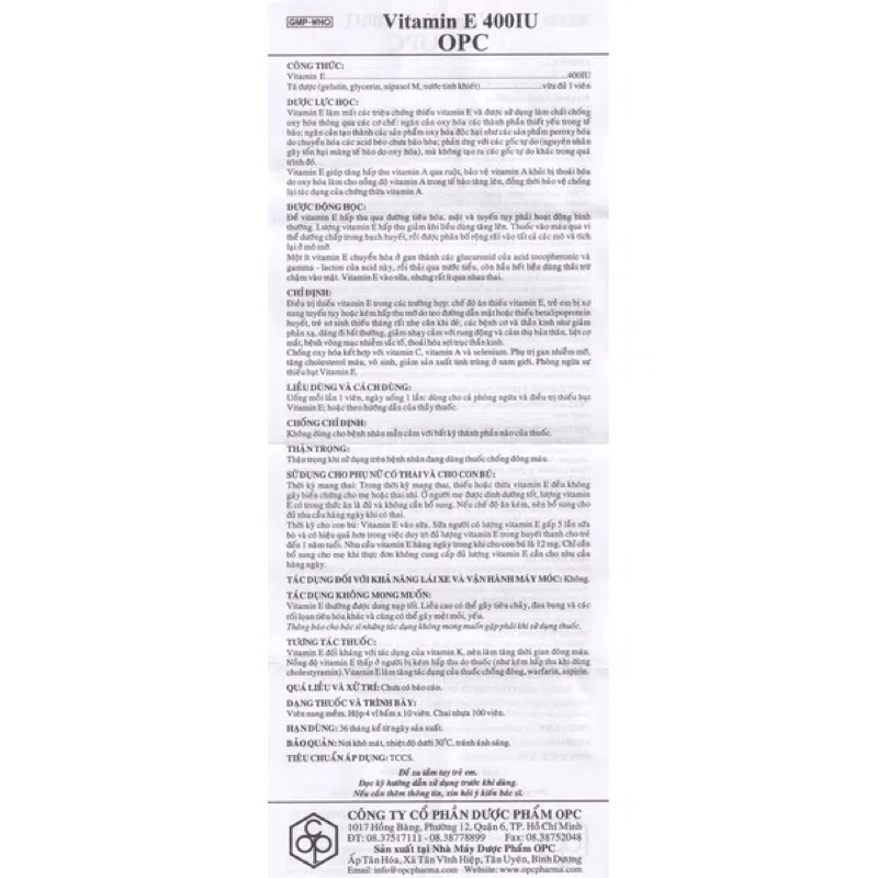 VITAMIN E 400 IU OPC HỘP 40 VIÊN – PHÒNG NGỪA THIẾU HỤT VITAMIN E