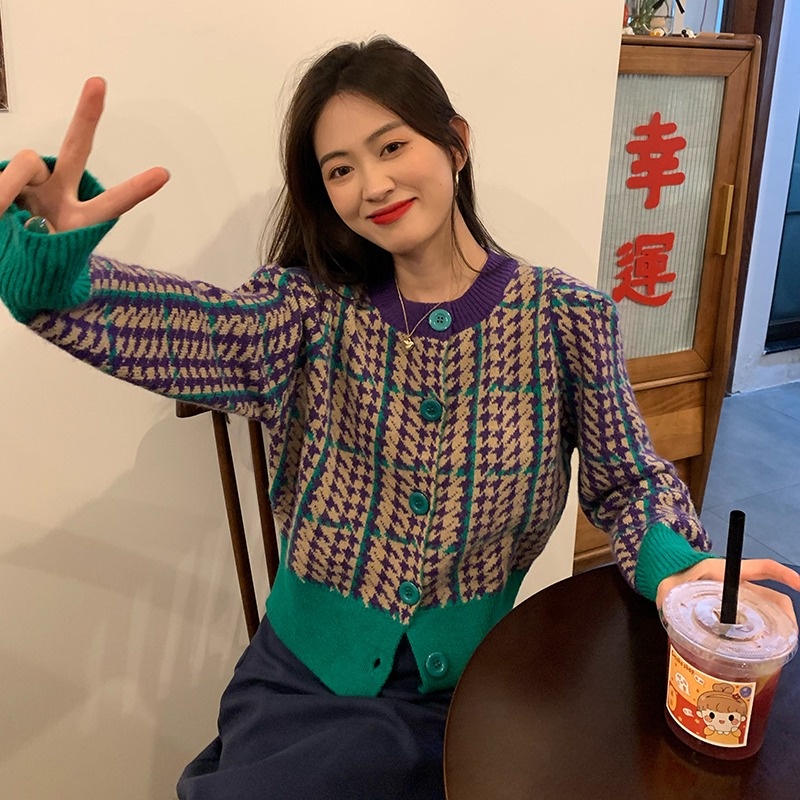 Áo cardigan dệt kim ZHELIHANGFEI tay phồng dáng rộng lưng cao thời trang cho nữ