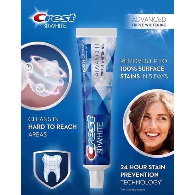 Kem đánh răng Crest 3D White Advanced Triple Whitening Hàng Mỹ 158gr