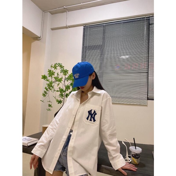 ❤❀  ❤ Áo Sơ Mi Tay Dài Thêu Họa Tiết MLB NY Phong Cách Retro Mới Cho Cặp Đôi