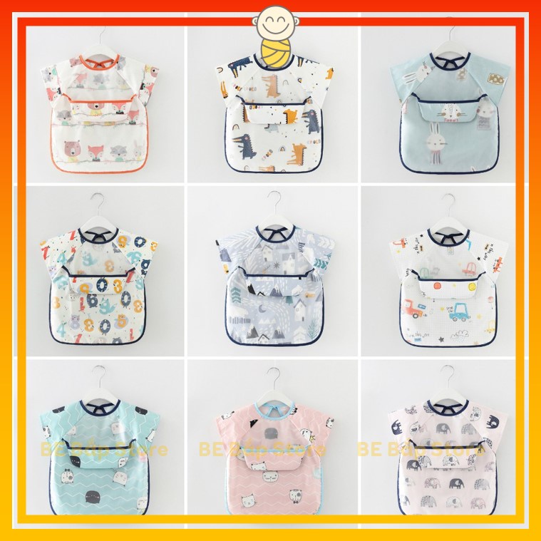 Áo Yếm Ăn Dặm Cộc Tay ⚡CHỐNG THẤM⚡ Cho Bé Có Máng Hứng Ngang Ngực Siêu Sạch Sẽ An Toàn Cho Bé