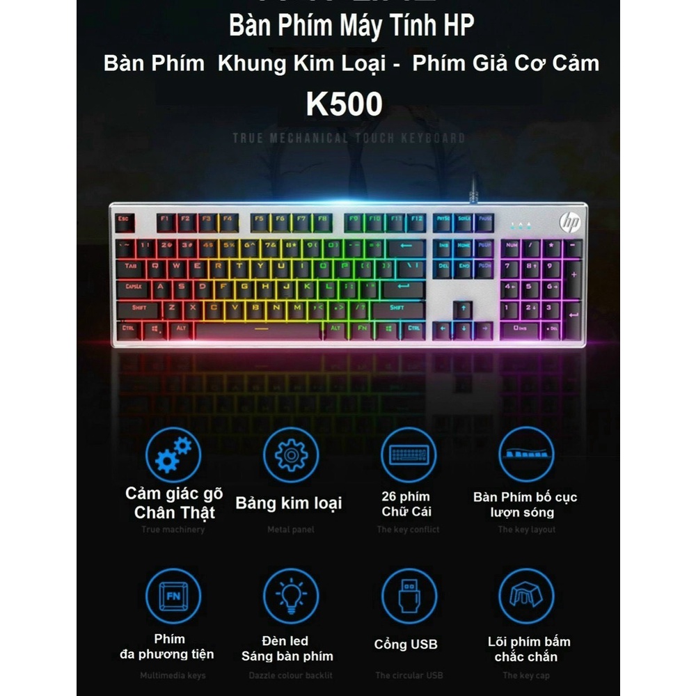 (CHÍNH HÃNG HP)Bàn Phím Cơ HP K500, Bàn Phím Máy Tính Gaming cao cấp HP Đa Chức Năng - LED 7 Màu, 5 Hiệu Ứng Tuyệt Đẹp