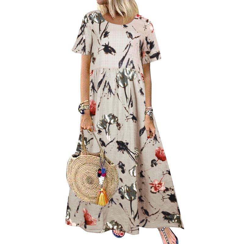 Đầm Dài ZANZEA Tay Ngắn Họa Tiết Vintage Thời Trang Cho Nữ