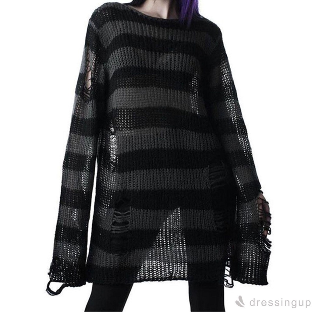 Đầm Len Tay Dài Cổ Tròn Họa Tiết Kẻ Sọc Màu Sắc Thời Trang Cho Nữ