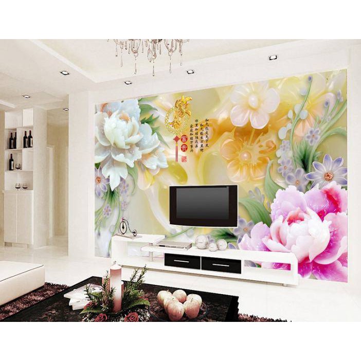 Tranh dán tường 3D đá ngọc hoa mẫu đơn BINBIN DN47 (Kích thước:tuỳ chọn)