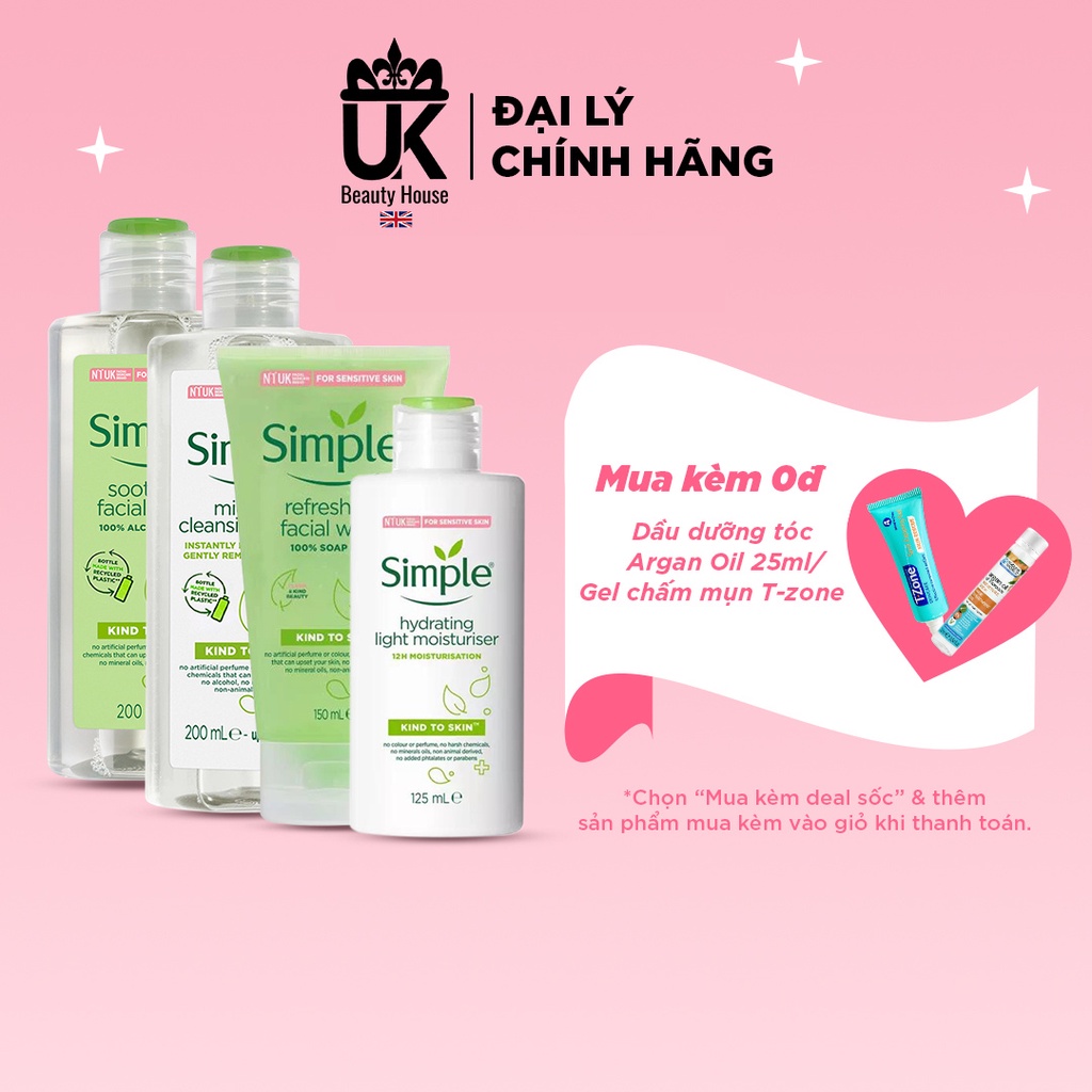 Combo dưỡng da trọn gói dịu nhẹ Simple (Tẩy trang + Sữa rửa mặt + Toner + Sữa dưỡng)