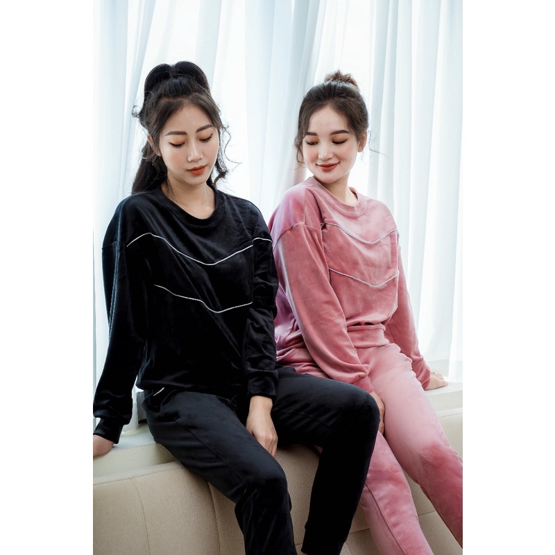 Bộ đồ mặc nhà WINNY. SET ngủ cao cấp chất nhung mềm mịn, thiết kế kiểu dáng dài, cổ tròn, kiểu trơn đơn giản phối viền