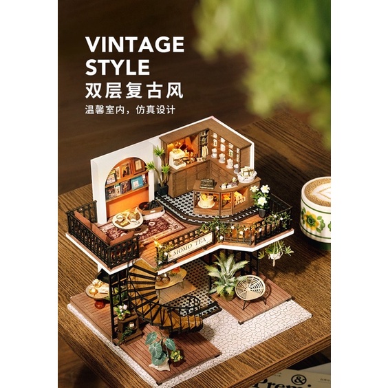 (Tặng mica,keo sữa,đèn)Mô hình đô chơi gỗ bé lắp ghép DIY doll house Nhà búp bê Momo Tea LV001