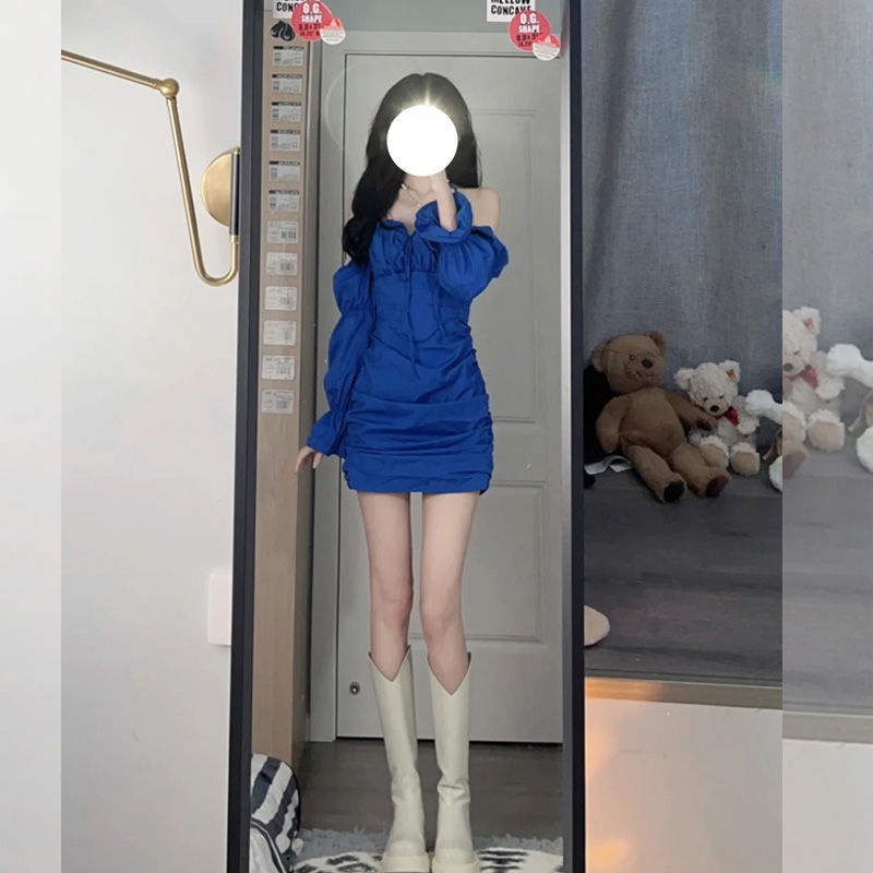 Đầm body nhún trễ vai màu xanh coban sexy