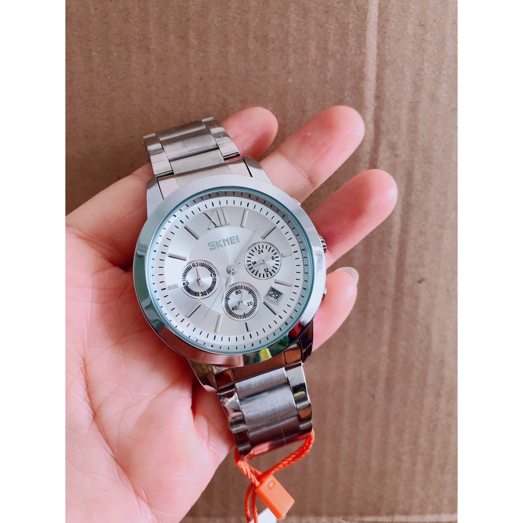 Đồng hồ thời trang nam chính hãng SKMEI 6 kim chạy 9096 dây thép không gỉ chống nước hàng full box