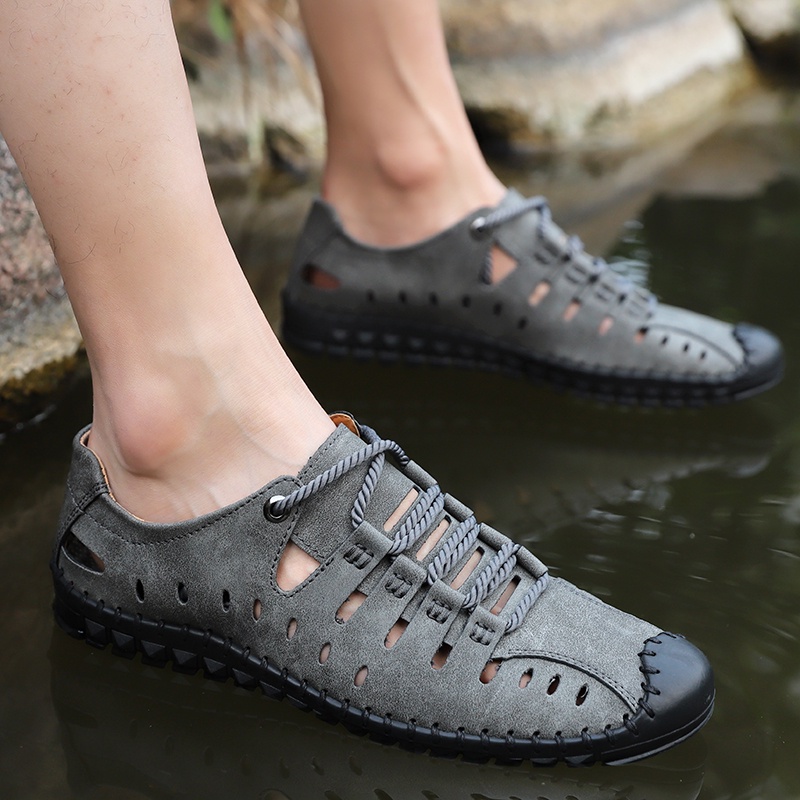 Giày Sandal Da Bò Đục Lỗ Thoáng Khí Phong Cách Thể Thao Thời Trang Mùa Hè Cho Nam