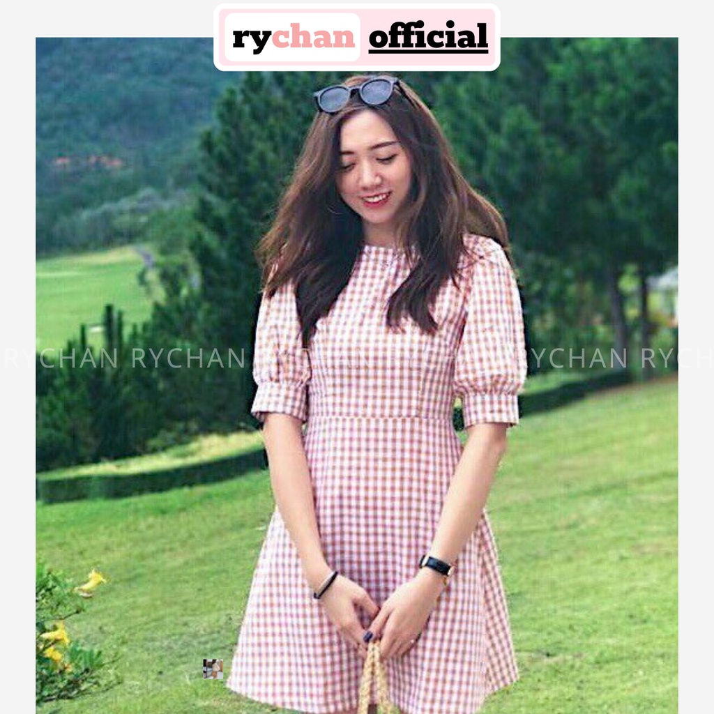 [ẢNH THẬT CUỐI] Đầm Xòe Caro Hồng Tay Phồng - DX246