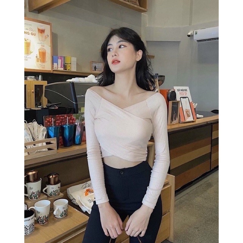 Áo Croptop Tay Dài Đắp Chéo Trễ Vai Ôm, thun borip xịn ạ ☺️☺️☺️Ng