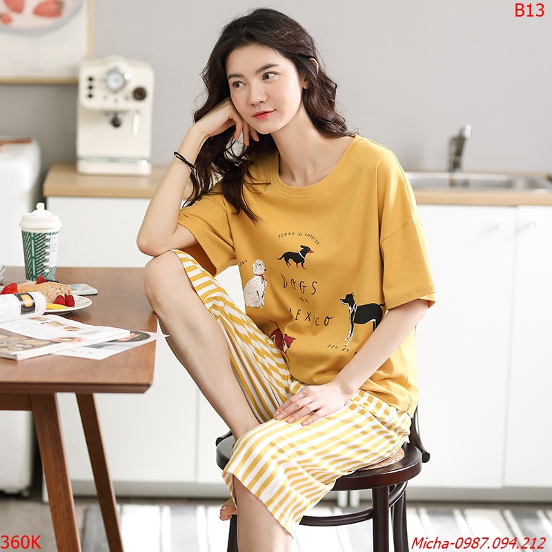 Bộ mặc nhà cotton màu vàng phối kẻ sọc trẻ trung - Micha B13