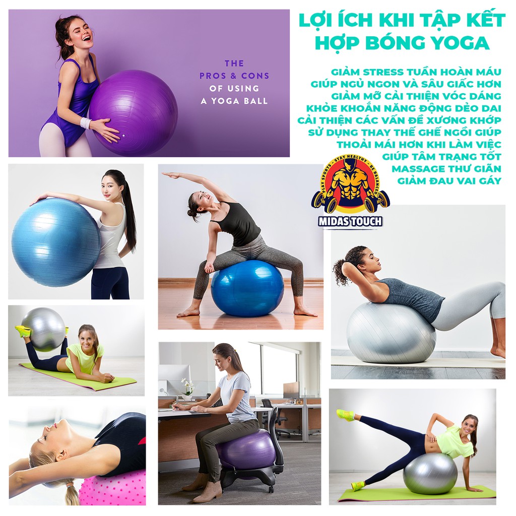 Bóng Tập Gym Yoga Thể Thao Brosman Chính Hãng 100% Cao Cấp + Tặng kèm đồ bơm - 65cm 75cm dày 2mm Chống Trơn Không Nổ