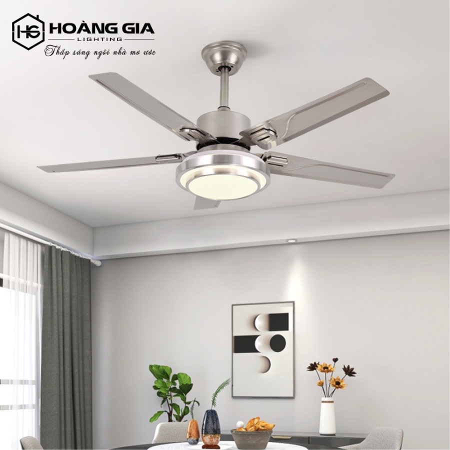Quạt Trần Đèn - Kiểu Dáng 5 Cánh Thép Màu Bạc - Trang Trí, Làm Mát Và Chiếu Sáng Phòng Khách, Phòng Ngủ - HG Shop
