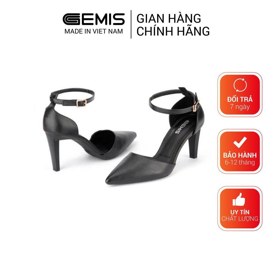 Giày cao gót nữ mũi nhọn quai hậu khóa cài da lì 7cm GEMIS - GM00234 Ghi/Đen