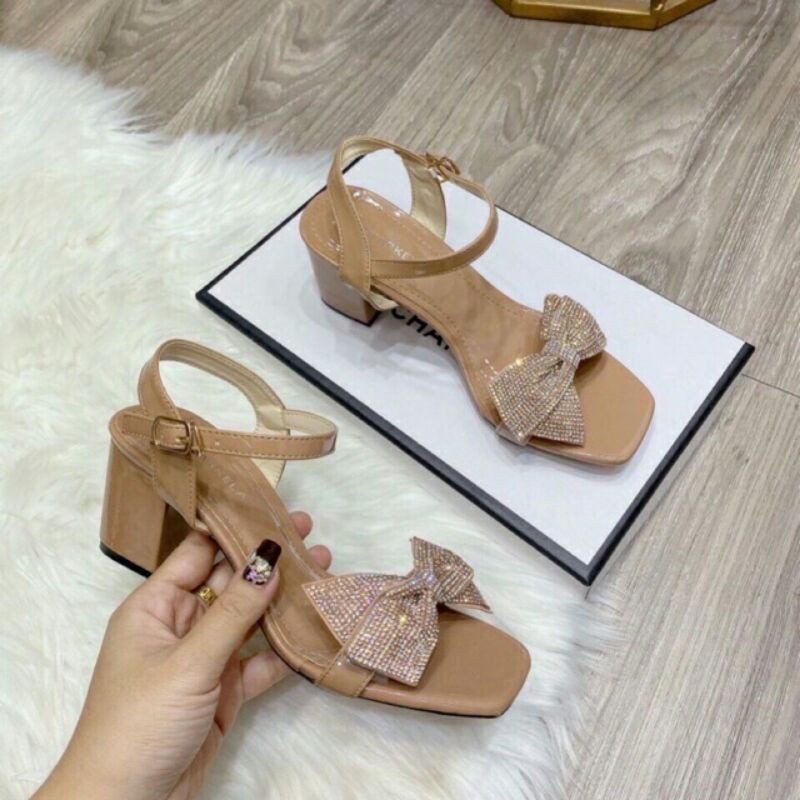 Giày sandal cao gót nữ 5P đế vuông quai phối nơ đá cao cấp hottrend 2020- mã T5
