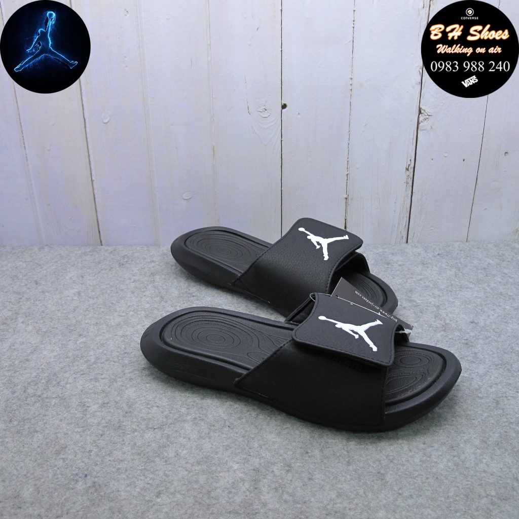 Dép JD Jordan bóng rổ FREE SHIP + hộp hãng + jordan đủ tem tag loại 1 đen logo trắng quai ngang dán nam nữ. BH Slippers