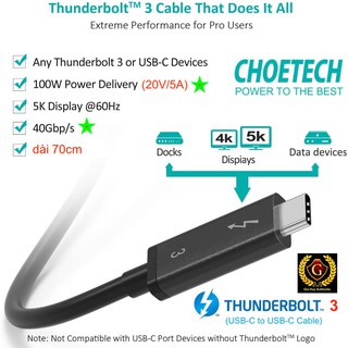 Cáp Thunderbolt 3 CHOETECH Sạc 100W - Truyền 40Gbps; Hỗ trợ Màn hình Display: 5K UHD/ LG 5K & MacBook, iPad Pro 2018/20