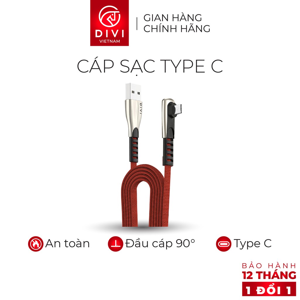 Dây cáp sạc nhanh - DIVI P453 - Sạc nhanh 5A - Đầu cáp vuông góc chống gãy - Hàng chính hãng - Bảo hành 12 tháng 1 đổi 1