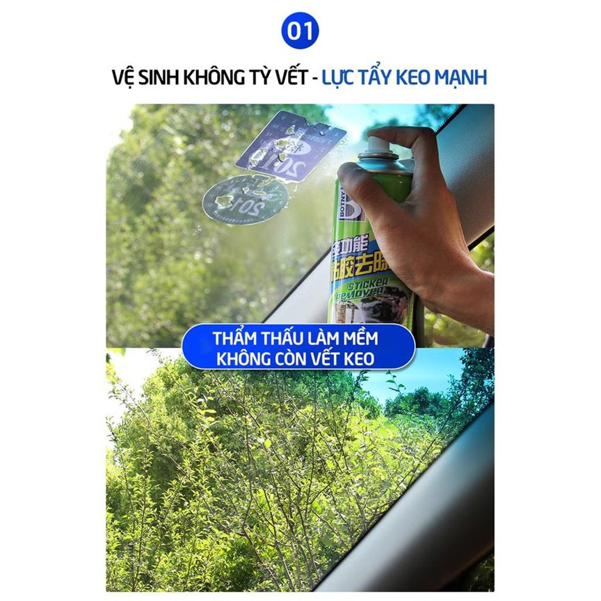 Dung dịch tẩy vết keo dán BOTNY Sticker Remover 450ml, bình xịt loại bỏ vết keo dính lâu ngày kính xe hơi Greennetworks