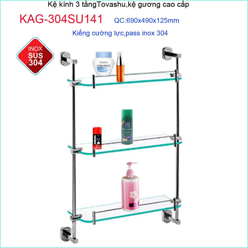 Kệ kiếng Tovashu KAG-304SU141, kệ xà phòng 3 tầng phòng tắm cao cấp Inox Nhật Bản