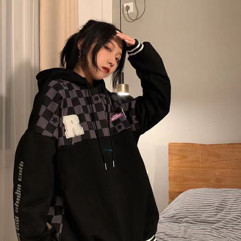 Áo Hoodie unisex , Áo nỉ bông nam nữ có mũ 2 lớp phối caro phom rộng phong cách hàn quốc ulzzang mặc đôi nhóm siêu đẹp