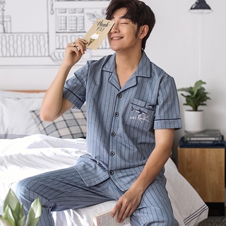 [ẢNH THẬT] Đồ bộ Pijama nam CỘC TAY, PIZAMA cotton 100% thoáng khí, họa tiết kẻ nhí nam tính, gọn người, size L-3XL