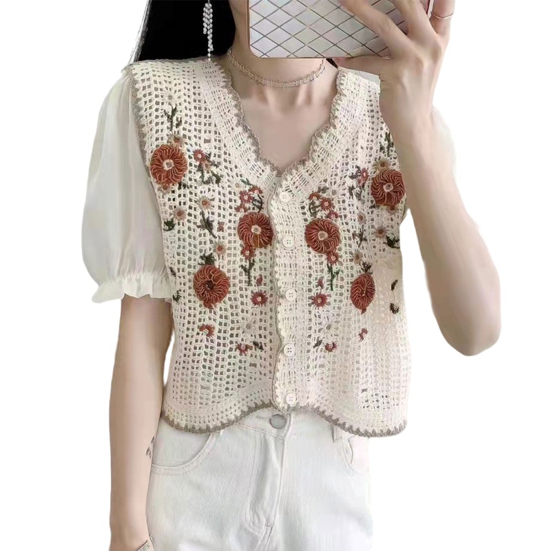 Áo Chiffon Dệt Kim Tay Ngắn Cổ Chữ V Thêu Hoa Ngọt Ngào Cho Nữ