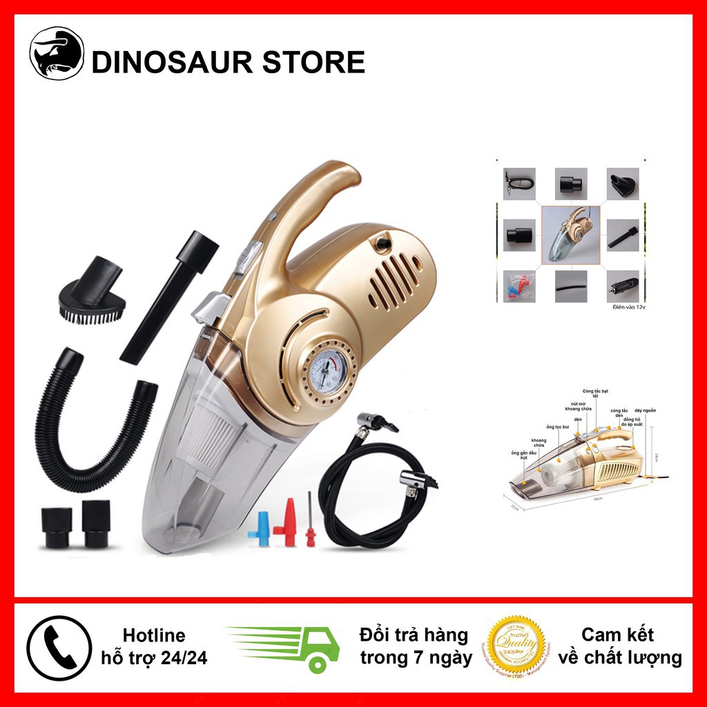 Máy hút bụi kèm bơm hơi ô tô 4in1 - bản tiếng anh Công Xuất 120W, Hút Bụi , Bơm Lốp, Đèn Pin , Đo Áp Suất Lốp Khi Bơm