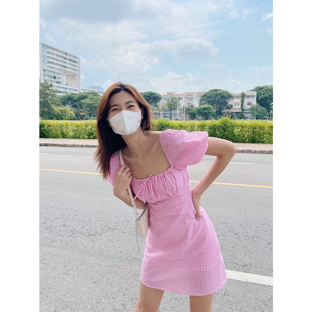 Đầm Mini caro HEYBEE cổ vuông, chất liệu cotton màu hồng siêu xinh - LAURENA DRESS HT684.