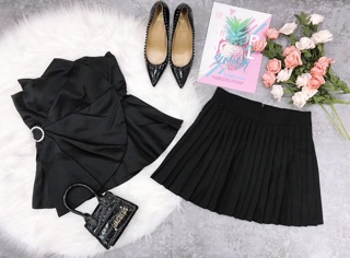 Set áo phi nơ cúp ngực eo khoen+ váy dập ly xoè