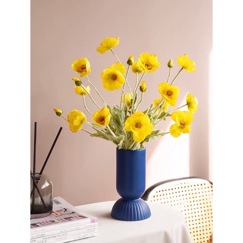 Hoa giả decor - Hoa anh túc 3 bông 1 nụ trang trí phòng để bàn chất liệu vải cao cấp thân phủ lông giống thật