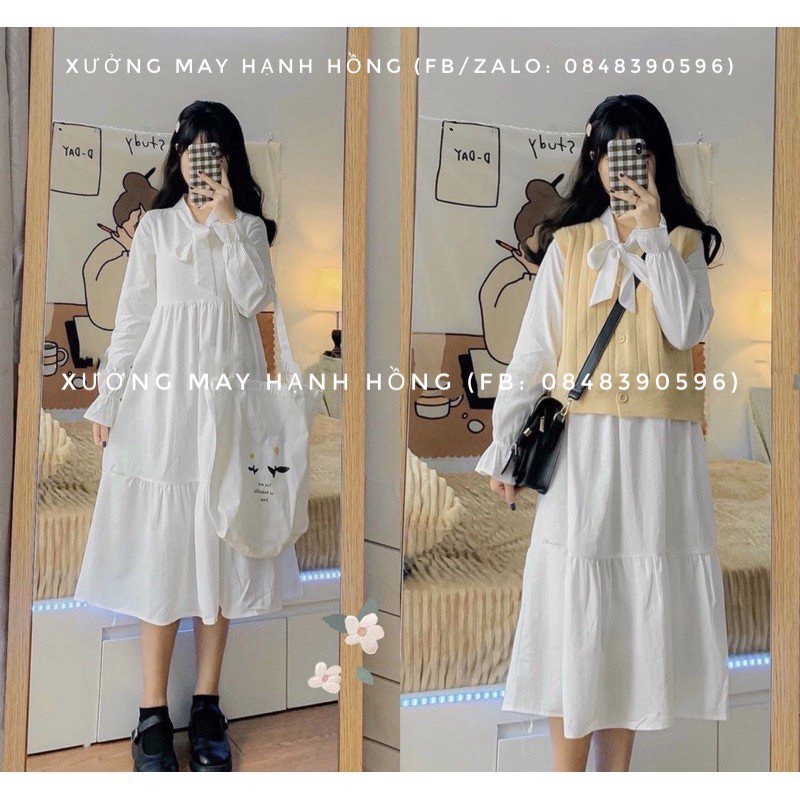 Váy trắng dài cổ nơ trắng 2 tầng, váy babydoll trắng | BigBuy360 - bigbuy360.vn
