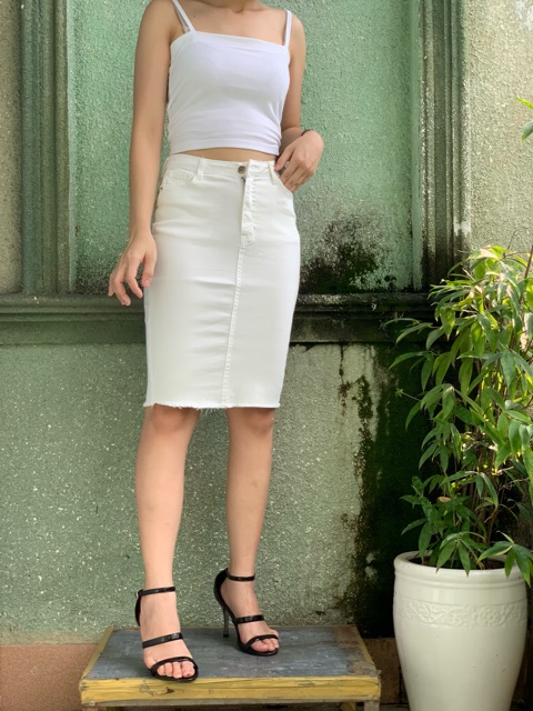 CHÂN VÁY BÚT CHÌ JEAN NGANG GỐI MÀU TRẮNG LƯNG CAO CO DÃN MẠNH VNXK | BigBuy360 - bigbuy360.vn