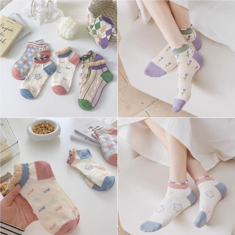 Tất vớ nữ thổ cẩm cổ bèo Cradin chất liệu vải Hàn co giãn bốn chiều,họa tiết kute phong cách hiện đại
