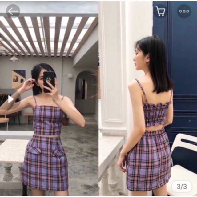 Set áo croptop+ chân váy tím caro hot trend!!