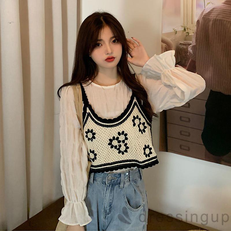 Áo hai dây dệt kim họa tiết hoa thời trang đáng yêu cho nữ