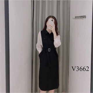 Váy dáng a đen trắng cổ sơ mi kèm đai lazi - v3662