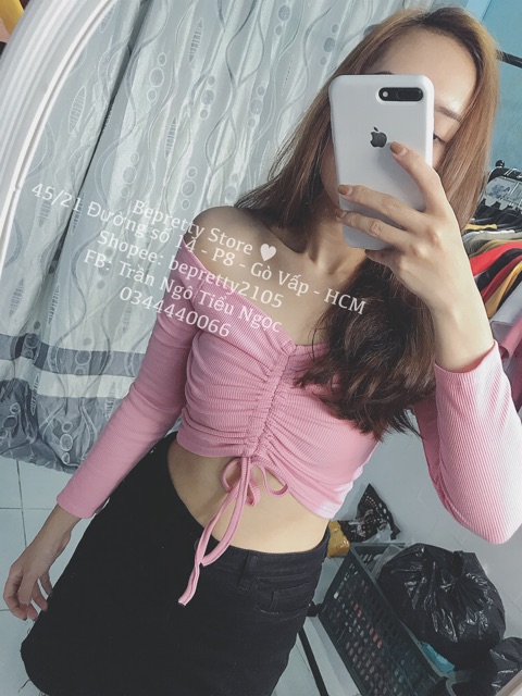 Áo croptop dây rút tay dài bẹt vai