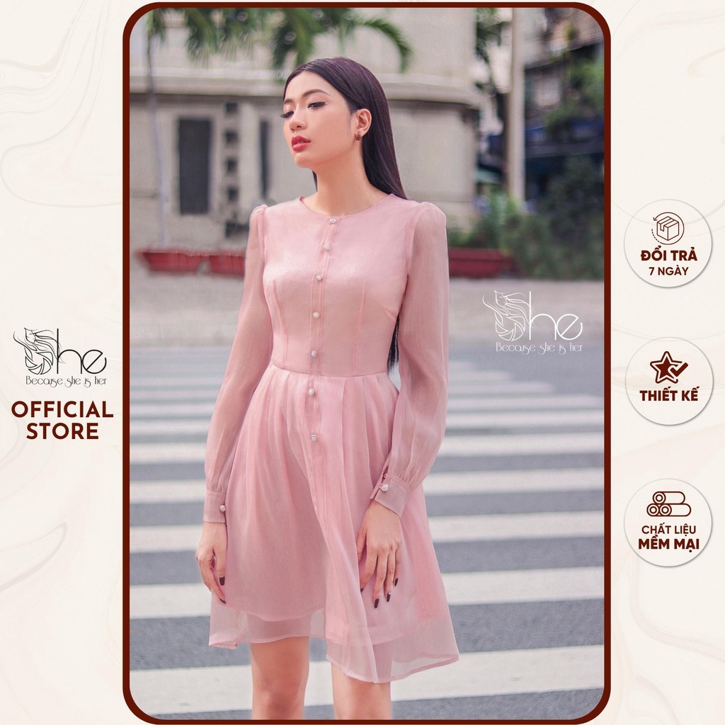 Đầm dự tiệc nữ cổ tròn đi làm She, váy nữ tay dài sang trọng thời trang SDX139